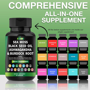 AYP Sea Moss Bladderwrack Black Seed Oil Ashwagandha Burdock Root Capsules Multi Blend Supplement + Multi Vitamin Turmeric Manuka Honey Elderberry Chlorophyll