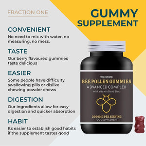 Fraction One Bee Pollen Gummies – 120 Gummies - 2000 Mg Bee Propolis with 100% NRV Vitamin D and Zinc per Serving – Vegan, Immune Boost, Anti-Inflammatory, Antiviral and Antibacterial –120 Days Supply