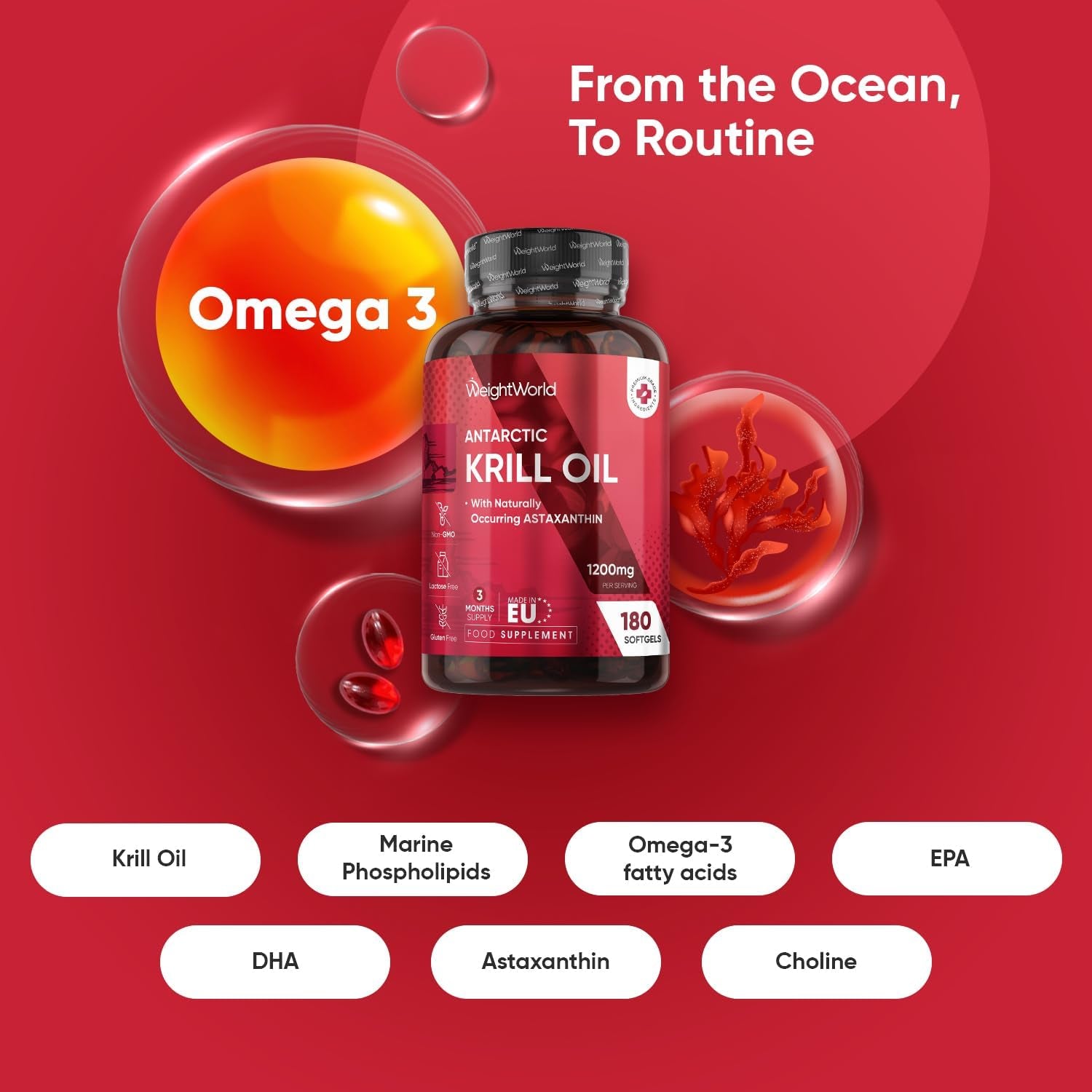 Antarctic Krill Oil Capsules - 1200Mg - 3 Months Supply - 180 Red Krill Oil Softgels - Omega 3 Fatty Acids Supplements - Providing Astaxanthin, Marine Phospholipids, EPA, DHA & Choline