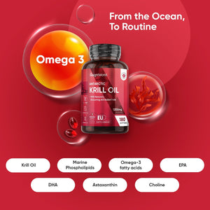 Antarctic Krill Oil Capsules - 1200Mg - 3 Months Supply - 180 Red Krill Oil Softgels - Omega 3 Fatty Acids Supplements - Providing Astaxanthin, Marine Phospholipids, EPA, DHA & Choline