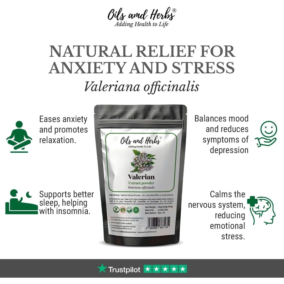 Organic Valerian Root Extract Powder by Oils and Herbs UK (10:1) High Strength - 100% Pure Free from Any Addictive or Sugar (50)