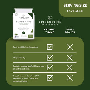 Organic Thyme 400Mg | Natural Thymus Vulgaris Herb Supplement | 60 Capsules | Vegan Friendly & Herbal UK Made | 60 Servings, 2 Month Supply by Epigenetics