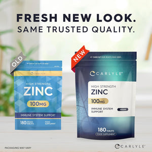 Zinc Tablets 100Mg | Immunity Support Supplement | High Strength Zinc Citrate | 180 Vegan Tablets | Carlyle