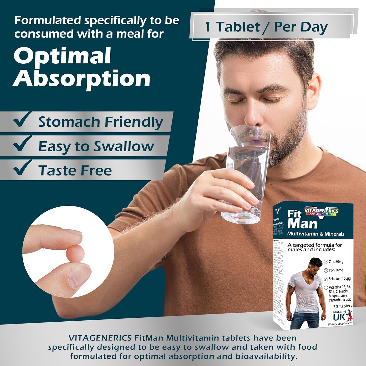 VITAGENERICS Fitman High Strength Multivitamin & Minerals | 30 Tablets| with Zinc, Iron, Biotin, Vitamin D, Magnesium, B-Complex & More! UK Made Supplement for Men