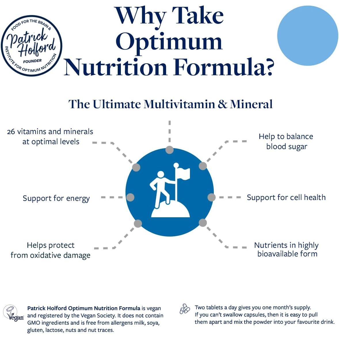 Patrick HOLFORD Optimum Nutrition Formula/The Ultimate, Multi-Vitamin & Mineral Supplement/For Daily & Long-Term Health / 24 Nutrients/Naturally Sourced / 60 Tablets/Vegan/For Women & Men