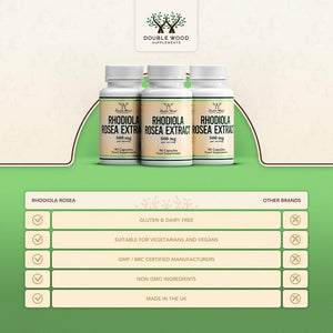 Double Wood Rhodiola Rosea | 90 Servings of 500Mg Rhodiola Rosea Complex Capsules | 3% Rosavins & 1% Salidrosides | a Powerful Adaptogen Sourced from High Altitude Environments | UK Manufactured