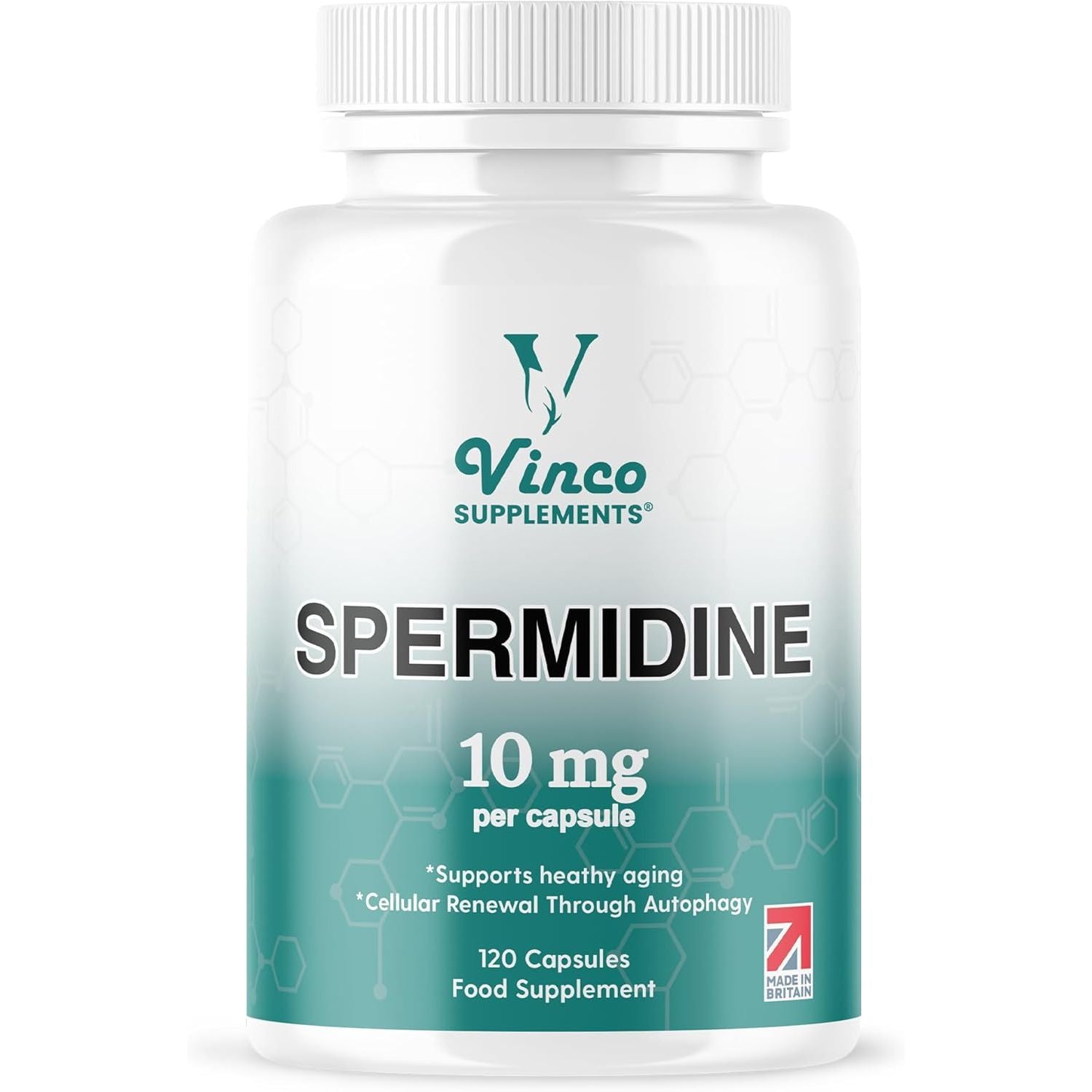 Vinco Spermidine Supplement - 10Mg X 120 High Strength Spermidine Capsules - 99% Purity - Supports Healthy Ageing & Longevity - Non GMO & Gluten Free - Made in the UK