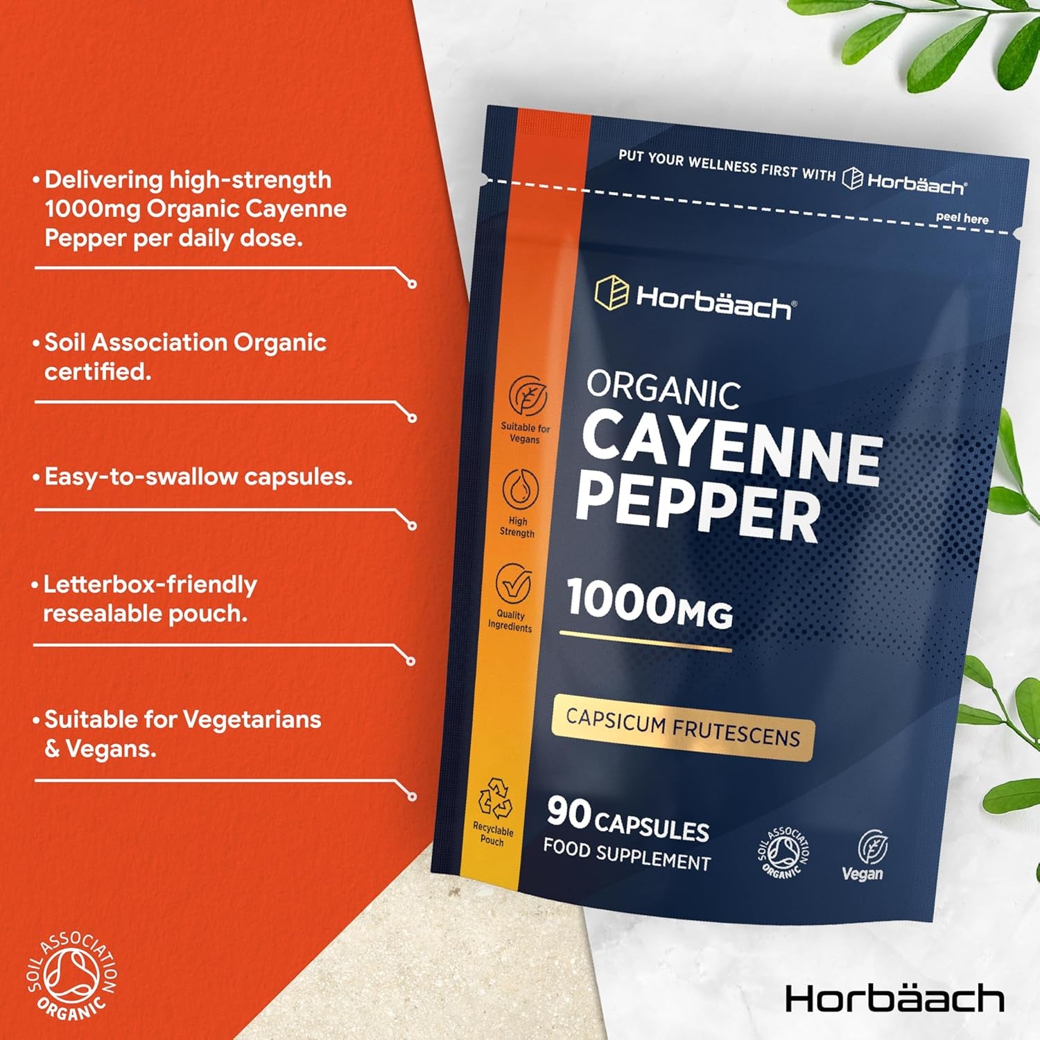 Organic Cayenne Pepper 1000Mg | 90 Capsules | Capsicum Frutescens Powder | Suitable for Vegans & Vegetarians | by Horbaach