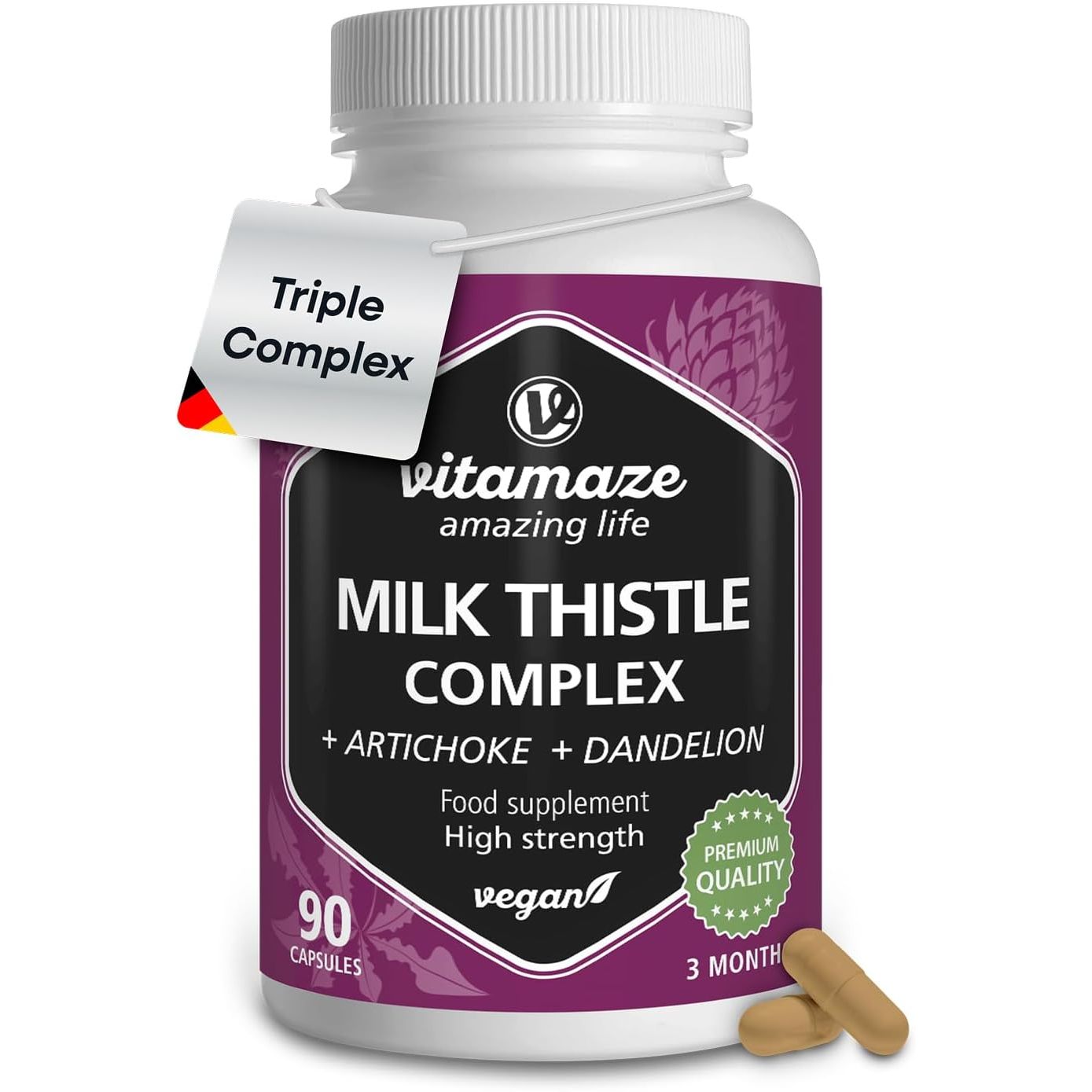 Milk Thistle High Strength 6000Mg (3 Months) with Dandelion & Artichoke, High Dose, 80% Silymarin Extract, Natural Liver Cleanse Supplement, 90 Vegan Capsules. Vitamaze®
