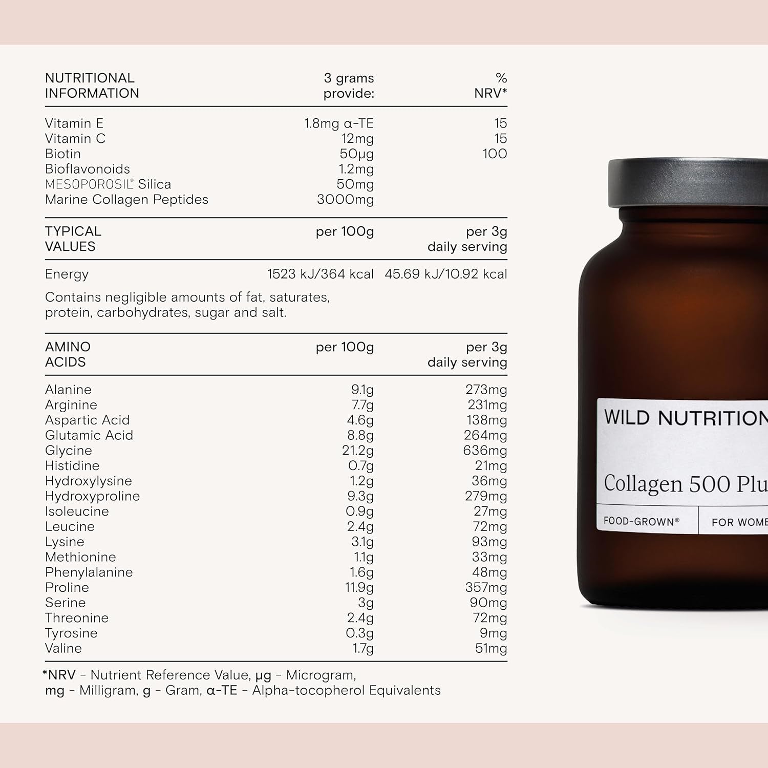 WILD NUTRITION Food-Grown® Collagen 500 plus | 500 Dalton Weight Peptides for Optimal Absorption | Collagen-Synthesising Mesoporosil® | Hydrolised Marine Collagen | Vitamin C, Vitamin E, Biotin