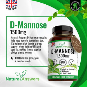 D-Mannose 180 Capsules - Max Strength 1500Mg per Serving - Precision Dmannose - Vegetarian Capsules Not Tablets or Pills, Made in the UK (180 Count (Pack of 1))