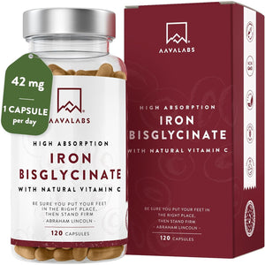 Gentle Iron Supplements for Women and Men - 42 Mg Iron Tablets High Strength with Natural Vitamin C - Active Form - Bisglycinate - Fatigue Supplements with High Bioavailability - 120 Capsules