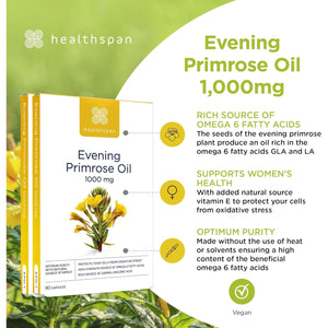 Healthspan Evening Primrose Oil | Support Women'S Health | Helps Maintain Hormonal Balance | Rich Source of Omega 6 Fatty Acids | Added Vitamin E | Vegan (180 Capsules, 1,000Mg)