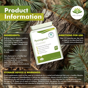 Pycnogenol 30Mg (60 Capsules) | French Maritime Pine Bark Extract | Providing Naturally Powerful Bioflavonoids | High Bioavailability Suitable for Vegans - Made in the UK by Hellenia