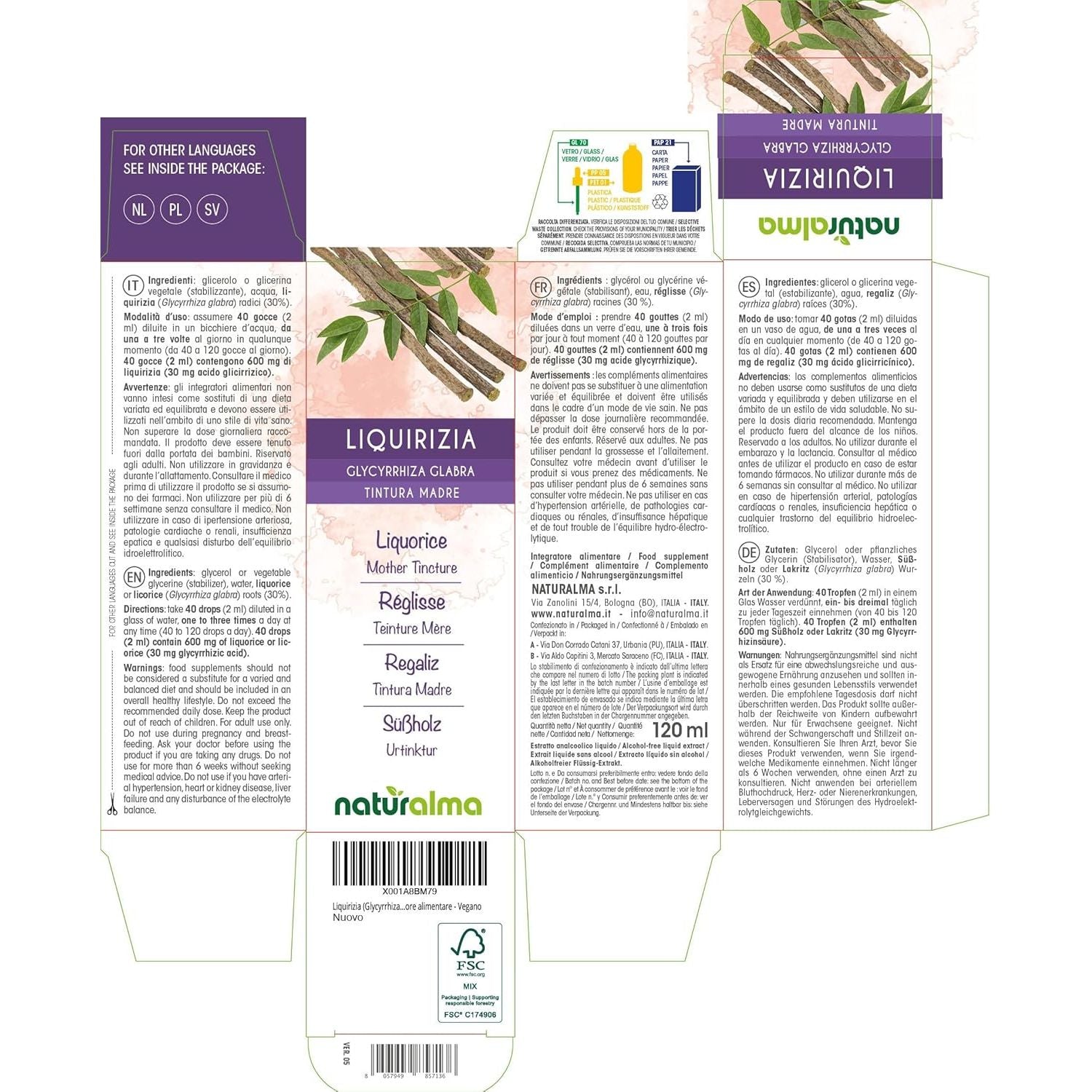 Liquorice or Licorice (Glycyrrhiza Glabra) Roots Alcohol-Free Mother Tincture Naturalma - Liquid Extract Drops 120 Ml - Food Supplement - Vegan