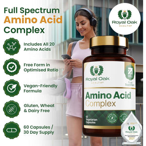Royal Oak Health Full Spectrum Amino Acid Complex | Complete with All 20 EAA & Bcaas in Free Form for Instant Digestion | Essential & Branch Chain Amino Acids Supplement | 60 Vegan Capsules | UK Made