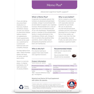 Healthspan Memo plus (2 Months' Supply) | to Support Your Brain Health & Cognitive Function | 350Mg Advanced Phospholipid Complex | 179Mg Omega 3 Fish Oil | 75Μg Iodine | Friend of the Sea | One-A-Day