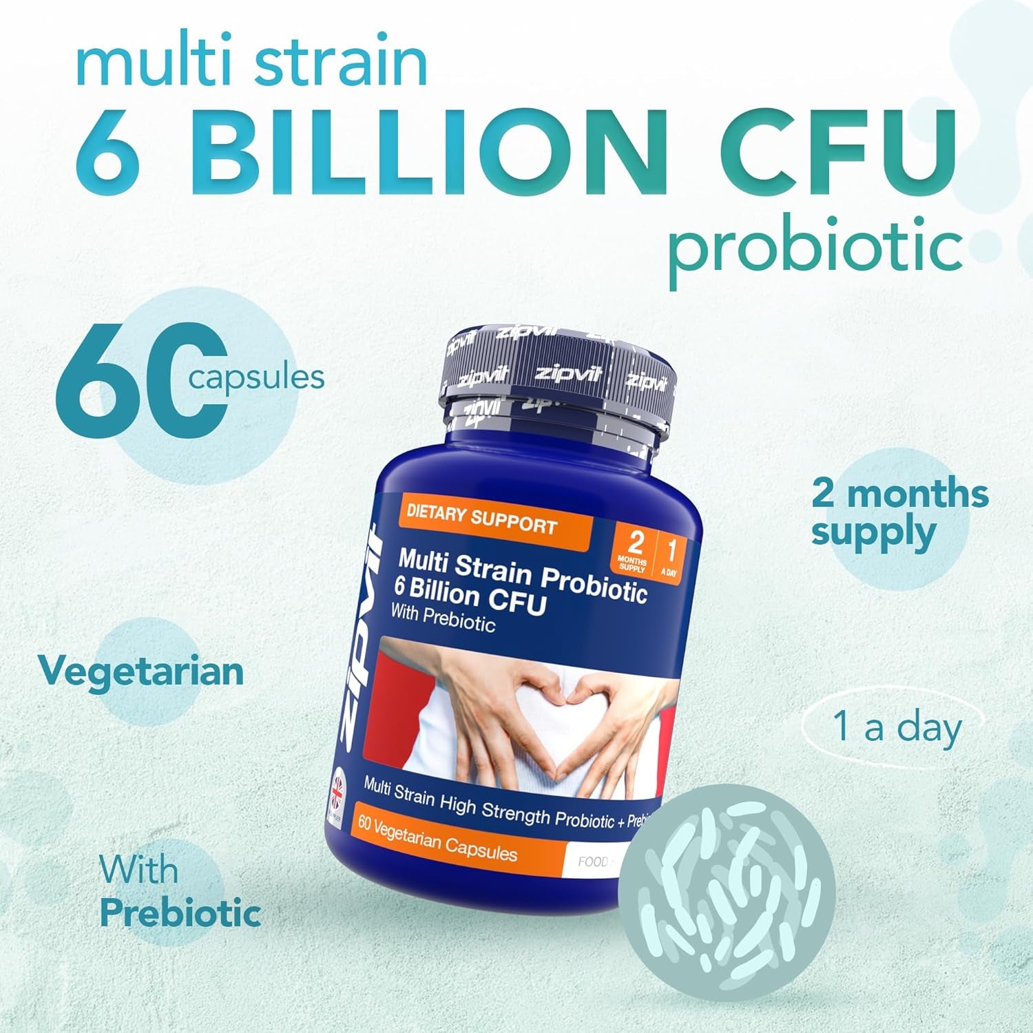 Zipvit Probiotic 6 Billion CFU with Prebiotic, Multi Strain Probiotics for Gut Health, 5 Strains Including Lactobacillus Acidophilus, 60 Vegetarian Capsules for Women & Men, 2 Month Supply