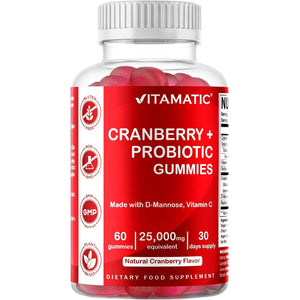 Vitamatic Vegan Cranberry Gummies with D-Mannose, Probiotic & Vitamin C for Women Urinary Tract Health - 25000 Mg Equivalent per Serving - 60 Count - (Non-Gmo, Gluten Free)