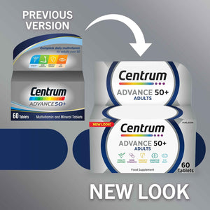 Centrum Advance 50+ Tablets Multivitamin & Mineral Supplements, with 24 Essential Nutrients, Including Vitamin D, C, Zinc, 60 Ct