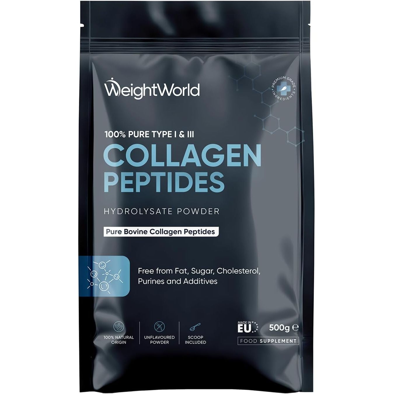 Pure Hydrolysate Bovine Collagen Peptides Powder | 500G | Type I & III Collagen Supplements for Women & Men | Rich in 8 Essential Amino Acids | 50 Servings | Halal Certified | Scoop Included