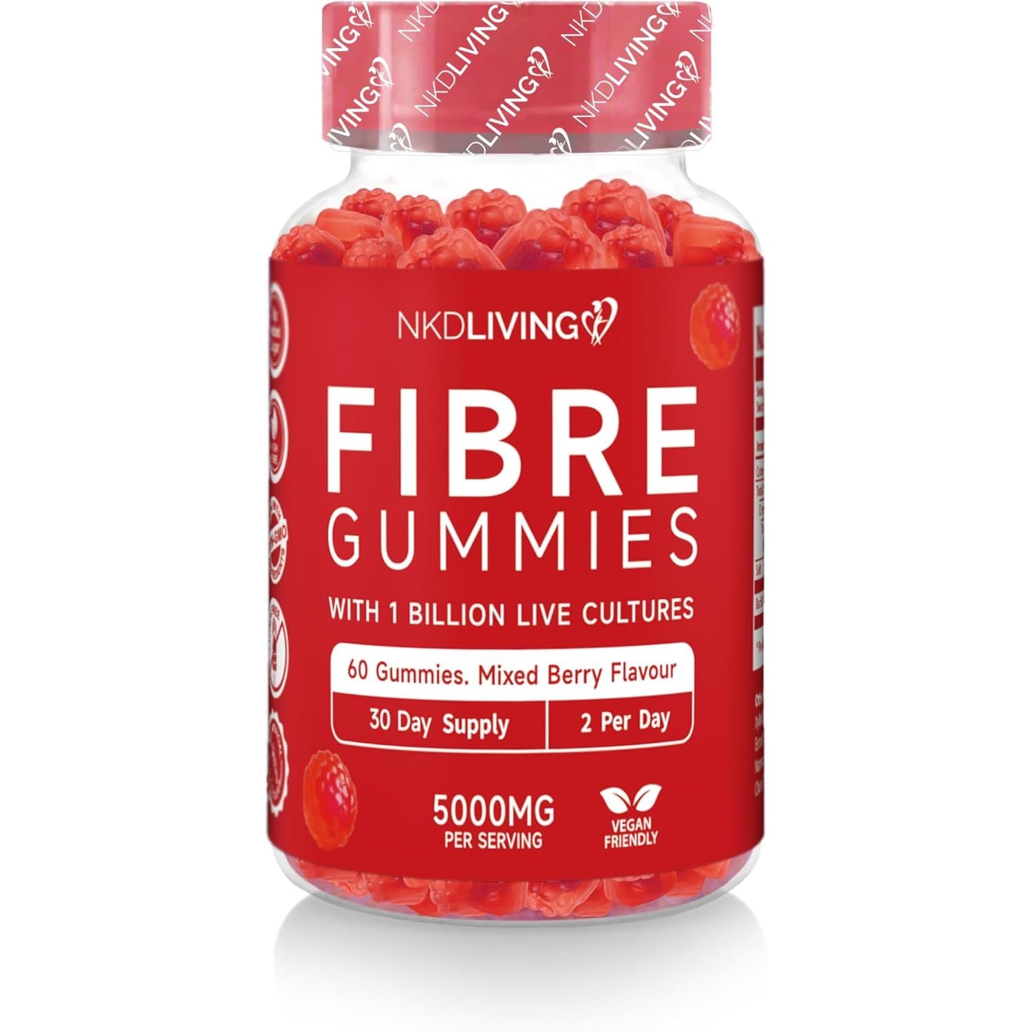 NKD Living High Fibre Inulin Gummies (60 Vegan Gummies) 5G of Fibre per Serving - with 1 Billion Live Cultures - Gut Health and Digestive System Support