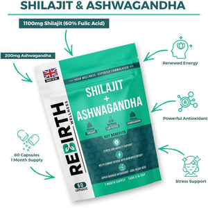Shilajit Capsules 60 Vegan Capsules - 1300Mg per Serving with Ashwagandha Root Extract, 60% Fulvic Acid, Pure High Strength Shilajit Supplement for Stamina and Stress -