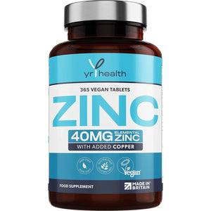 Vegan Zinc Tablets High Strength 40Mg - 365 Premium Zinc Gluconate Tablets - Zinc Supplements, 12 Month'S Supply - Zinc and Copper Supplement - Zinc 40Mg - Made in the UK by Yrhealth