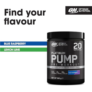 Optimum Nutrition on Platinum Pump Pre-Workout, Intense Caffeine-Free Pre-Workout Food Supplement with Fruitflow, Beta-Alanine, L-Arginine, L-Citrulline, Blue Raspberry Flavour, 20 Servings, 380 G
