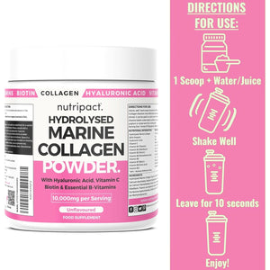 Nutripact Marine Collagen Powder with Hyaluronic Acid, Biotin, Vitamin C & B Vitamins 10,000Mg Hydrolysed Collagen Peptides Types 1 & 3, Unflavoured, Odourless, Highly Bioavailable – 30 Servings, 300G