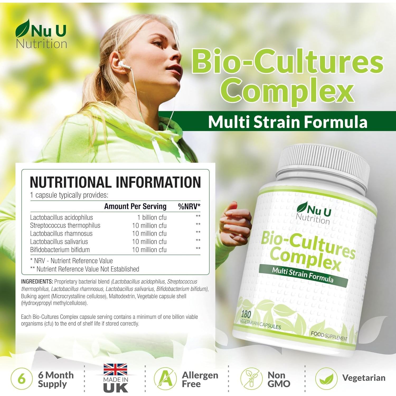 Bio-Cultures Complex - 180 High Strength Capsules - Lactobacillus Acidophilus, Rhamnosus & Bifidobacterium - 6 Month Supply - Gentle Vegetarian Multi-Strain Formula for Men & Women - Nu U Nutrition