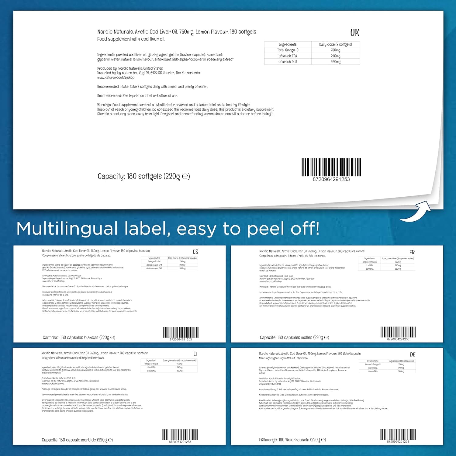 Nordic Naturals, Arctic Cod Liver Oil, 750Mg Omega-3 from Cod Liver Oil, with EPA and DHA, Lemon Flavour, 180 Softgels, Soy Free, Gluten Free, Non-Gmo