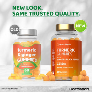 Turmeric Gummies with Black Pepper & Ginger 3215Mg | High Strength Turmeric Curcumin Supplement | 60 Vegan Gummies | Natural Peach Flavour - Tablet Alternative | by Horbaach