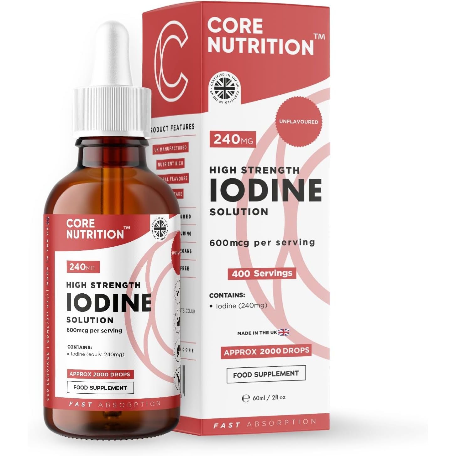 Iodine Liquid Drops - Vegan - High Strength 600Mcg per Serving - 400 Servings - 240,000Mcg per 60Ml Dropper Bottle - Liquid Iodine Solution for Fast Absorption - Made in UK by Core Nutrition