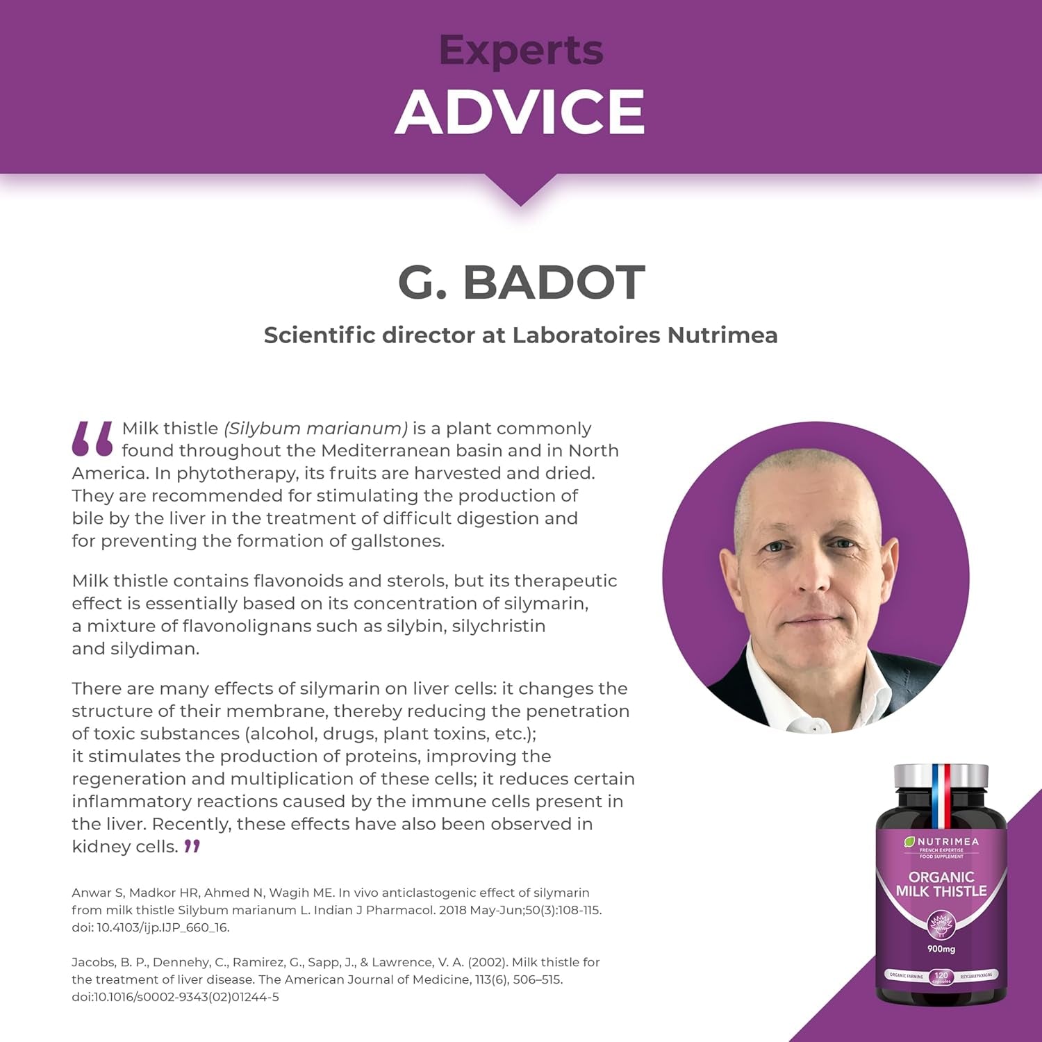 Organic Milk Thistle - Pure Seed Powder Excipient Free - Triple Action Liver Supplement: Detoxify, Protect & Strengthen - 120 Vegan Capsules - High Strengh - French Expertise - Nutrimea