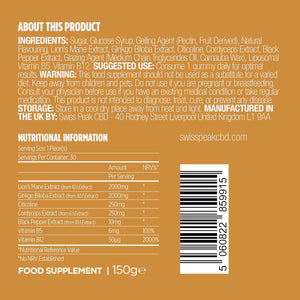 Swiss Peak Lion'S Mane 2000Mg Max-Strength Gummies, Ginkgo Biloba, Citicoline, Cordyceps, Vitamins B5, B12, 30 Pieces, UK Made | Mental Clarity, Effective Alternative to Capsules and Tablets