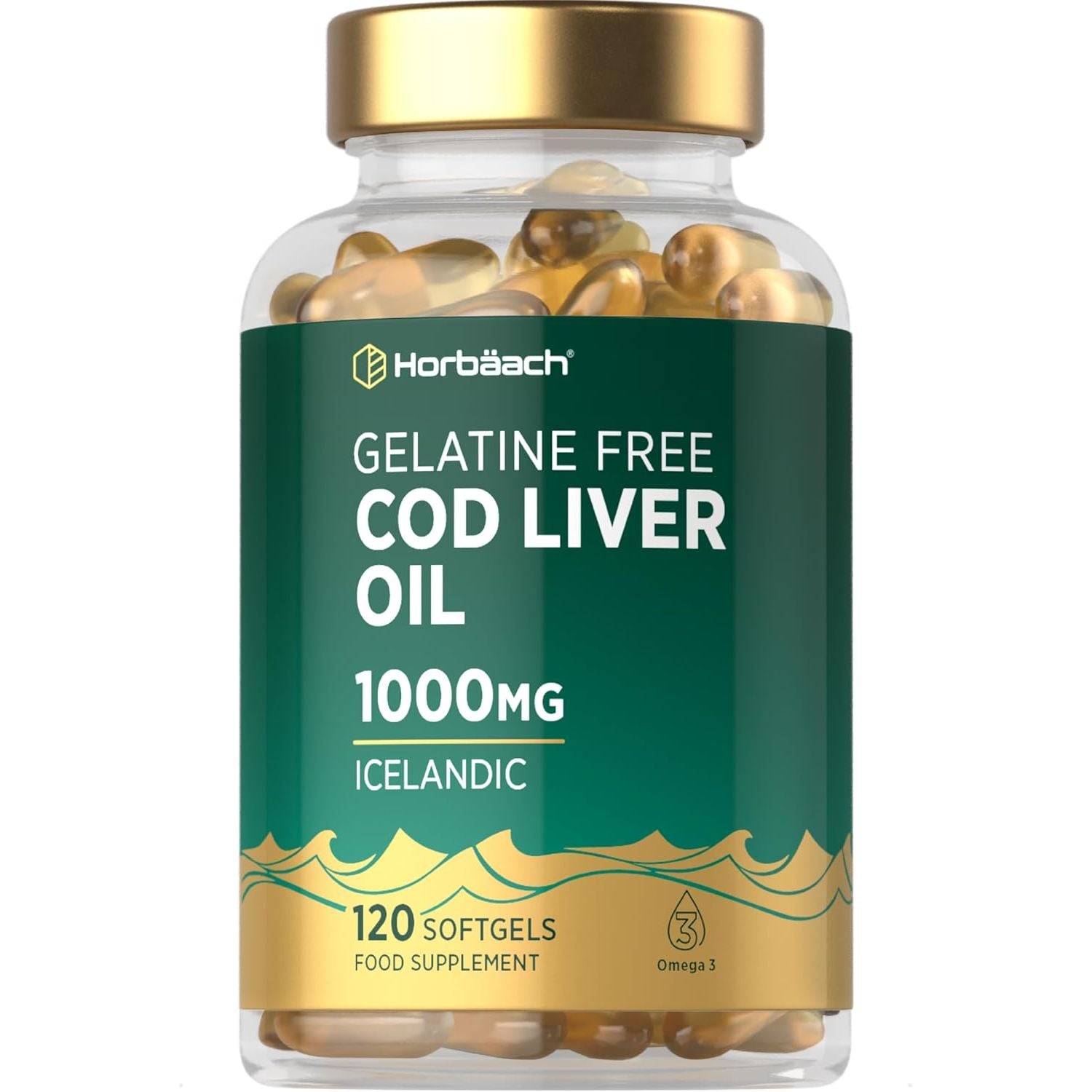 Cod Liver Oil Gelatine Free 1000Mg | 120 Capsules | High Strength Supplement with Vitamin A, D and Omega 3 DHA/EPA | Suitable for Pescatarians | by Horbaach