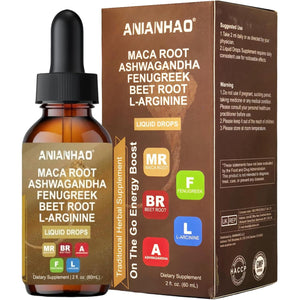 Maca Root Liquid Drops with with Ashwagandha, Fenugreek, Beet Root and L-Arginine - High Strength 60Ml Vegan for Energy Support for Women & Men - Support Mood, Energy & Fitness