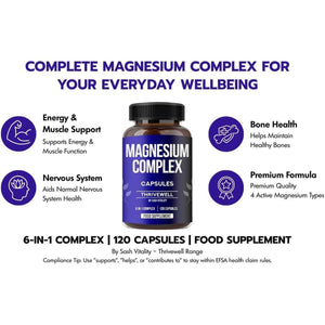 Magnesium Glycinate 6 in 1 Complex 2500 Mg | 500 Mg Elemental Magnesium | Citrate, Malate, Taurate, Orotate, Lactate | 120 Capsules with Added Zinc, Vitamin D3, B6 | Sleep, Fatigue & Tiredness