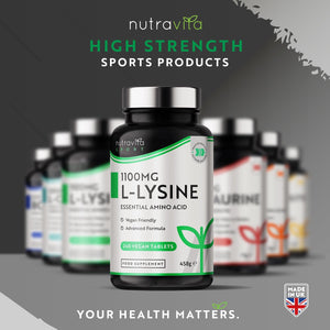 L-Lysine 1100Mg High Strength - 240 Vegan & Gluten Free Tablets (8 Month Supply) - Cold Sore Treatment, Essential Amino Acid Supplement - Normal Growth and Muscle Turnover - Made in the UK - Nutravita