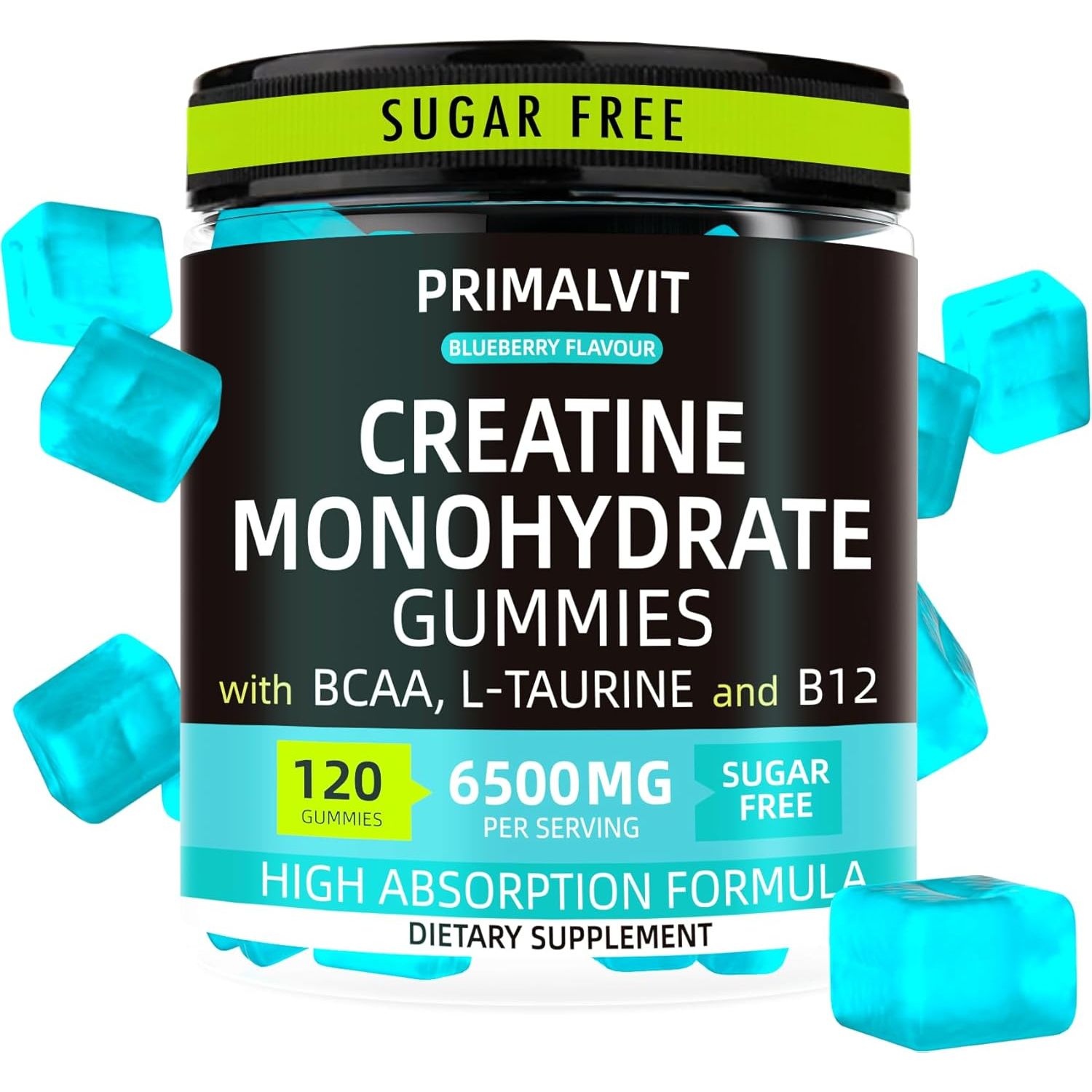 120 Creatine Gummies 6500Mg Sugar-Free Complex – Pre-Workout Creatine Monohydrate + BCAA, L-Taurine, B12 – Max Strength Chewable Gym Supplement – Vegan Gummy Chews for Men & Women – Primalvit