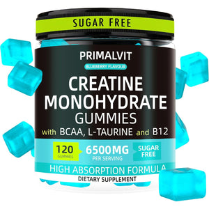 120 Creatine Gummies 6500Mg Sugar-Free Complex – Pre-Workout Creatine Monohydrate + BCAA, L-Taurine, B12 – Max Strength Chewable Gym Supplement – Vegan Gummy Chews for Men & Women – Primalvit
