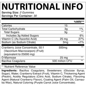 Vitamatic Vegan Cranberry Gummies with D-Mannose, Probiotic & Vitamin C for Women Urinary Tract Health - 25000 Mg Equivalent per Serving - 60 Count - (Non-Gmo, Gluten Free)