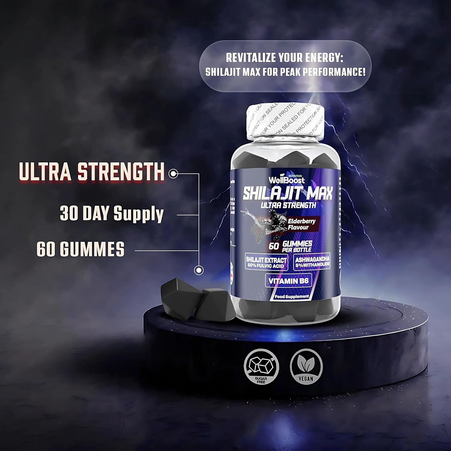 Wellboost Shilajit Max Gummies – 200Mg Shilajit, 40Mg Ashwagandha, 2Mg Vitamin B6 – Vegan Elderberry Flavour – Energy, Vitality & Well-Being Support for Adults (1 Month Supply).