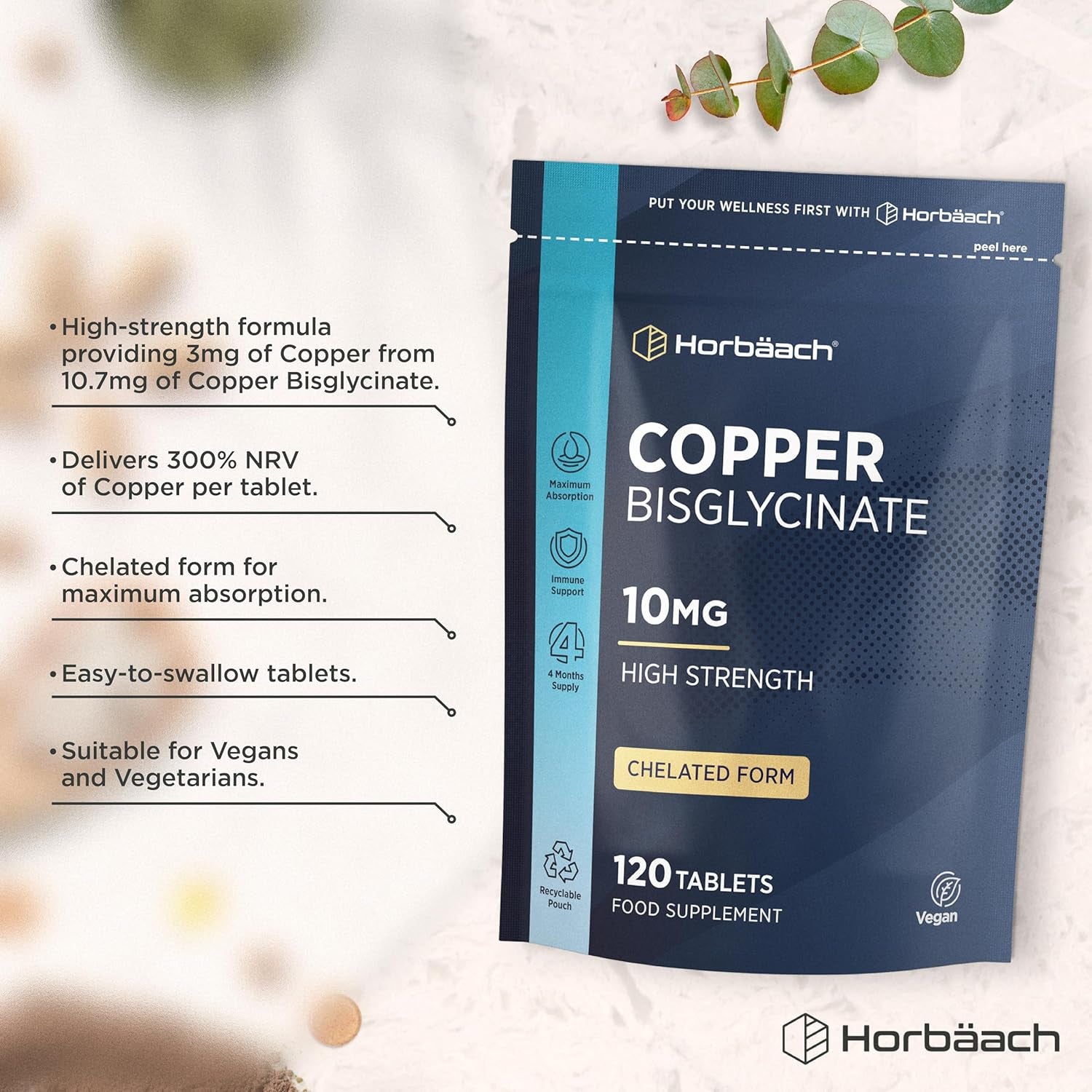 Copper Bisglycinate 10Mg | Chelated Form | High Strength Copper Supplement | 120 Vegan Tablets | Horbaach
