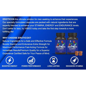 EROTICOX 500Mg | Stronger | Longer | Harder | Performance | Extra Strength Enhancing, Stamina Endurance Booster Supplement for Men | 10 Ginseng Blue Barry Flavour Gummy
