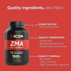 ICON Nutrition ZMA Supplement - 1500Mg per Serving, Sleep Vitamin Supplement, 3-In-1 Formula, Better Sleep Performance, Muscle Strength, Zinc, Magnesium and Vitamin B6-90 Tablets (1 Month Supply)