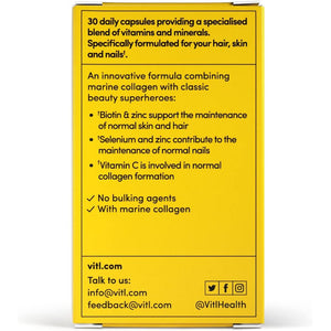VITL Hair, Skin & Nails + Collagen, a Dose of Classic Complexion Heroes Such as Collagen, Vitamin E, Biotin and Zinc | 30 Capsules