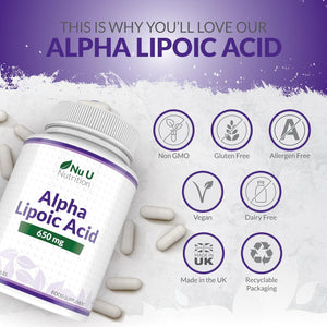 Alpha Lipoic Acid 650Mg - 150 High Strength Vegan ALA Capsules - 5 Month Supply - Amino Acid Supplement - Made in the UK - Nu U Nutrition