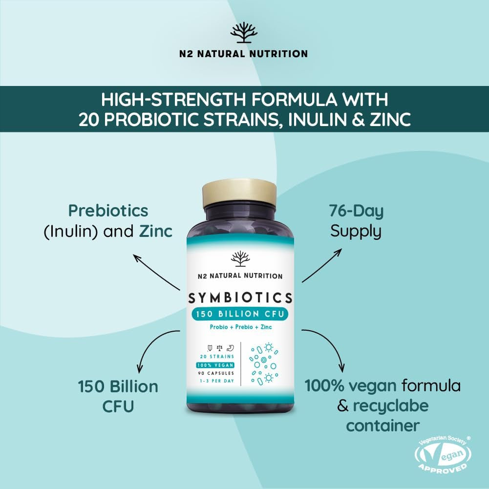 Probiotics 150 Billion CFU – 20 Multi Strains with Prebiotic, Inulin & Zinc – High Strength Vegan Supplement – Gastro Resistant Capsules – 76 Day Supply – N2 Natural Nutrition